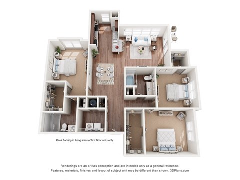 A floor plan of a three bedroom apartment with a living room, kitchen, and three bedrooms in Destin FL